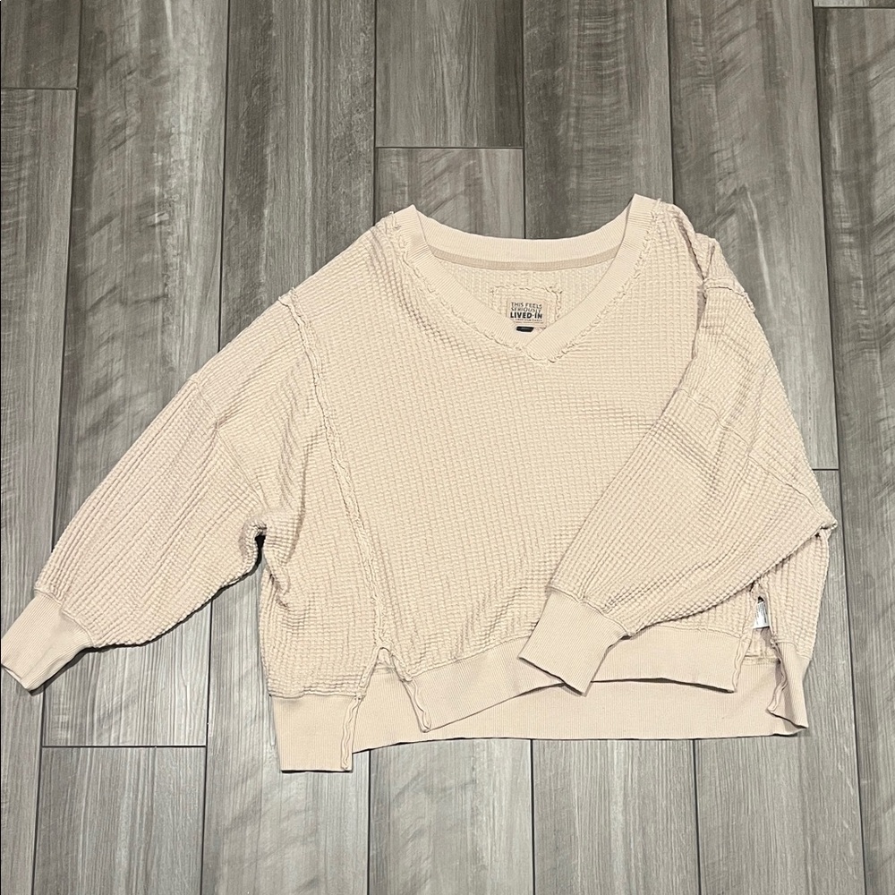 American Eagle Oversized Big Hug Waffle V-Neck Sweater - Stone (Beige)